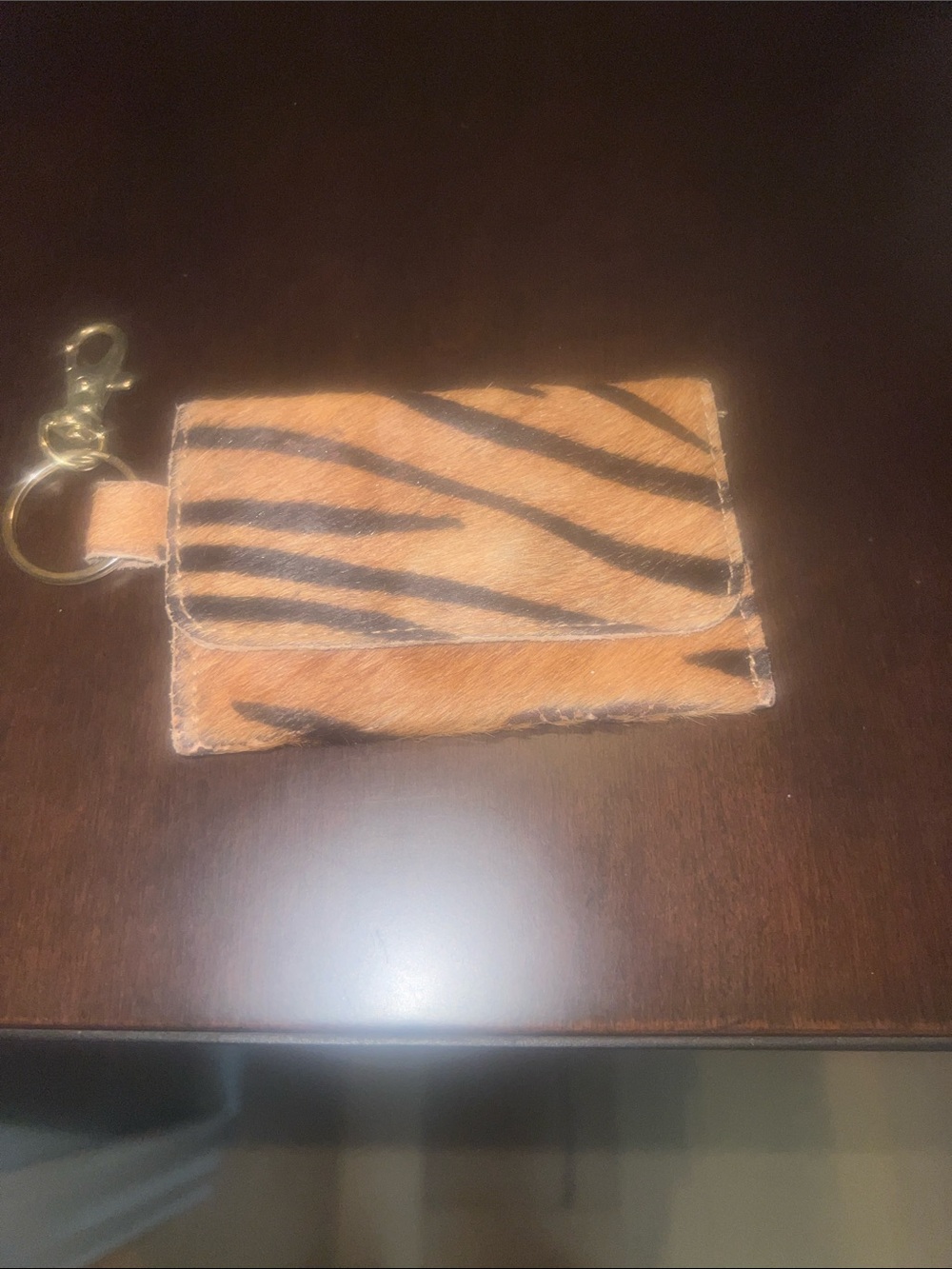 Tiger-Print Card Holder Keyring Wallet in Brown - real leather